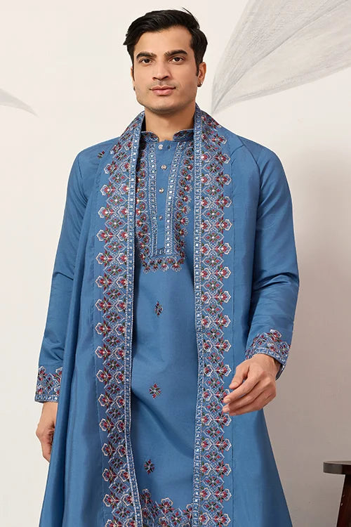 Wedding Royal Look Blue Kurta With Dupatta For Mens Wear