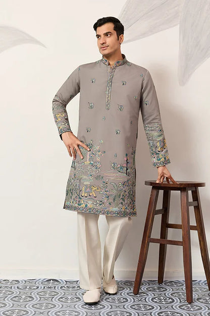 Wedding Traditional Look Grey Kurta for Mens Wear