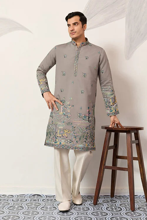 Wedding Traditional Look Grey Kurta for Mens Wear