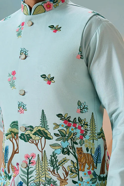 Stylish Sky Color Mens Koti Kurta Set Collection