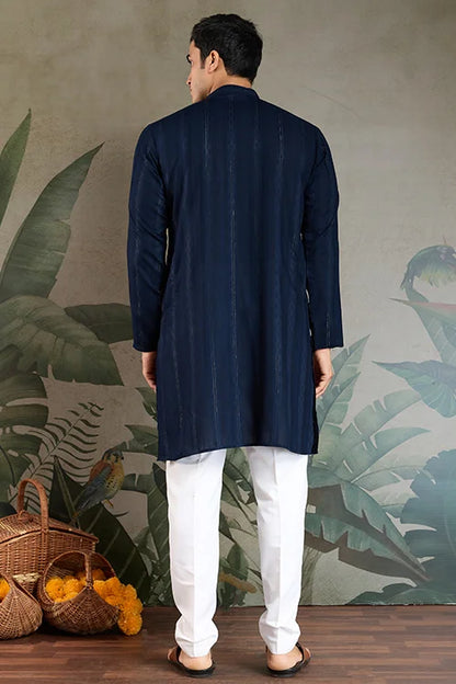 Elegant Navy Blue Mens Wear Kurta Set with Dupatta