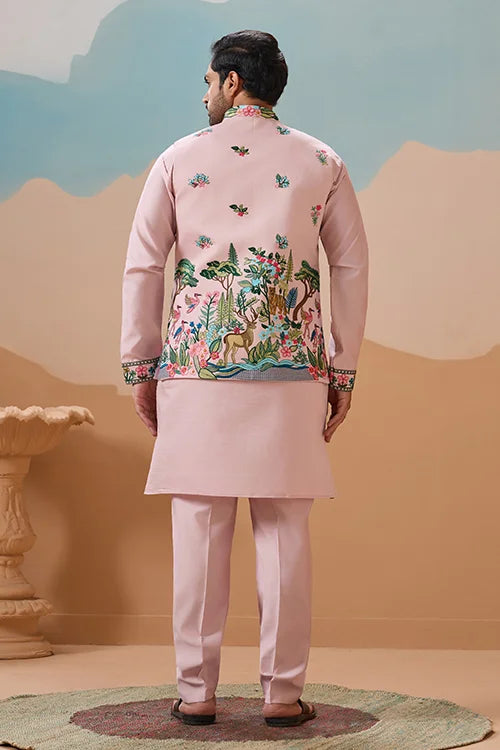 Classy Light Pink Mens Koti Kurta for Wedding Celebrations