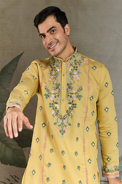 Embroidered Yellow Kurta For Men Wear