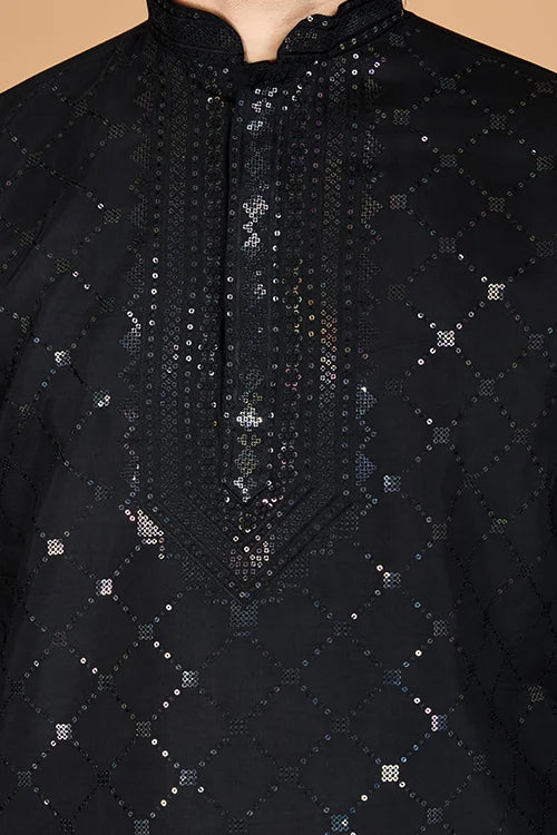 Black Viscose Fabric Embroidered Traditional Kurta For Mens Wear