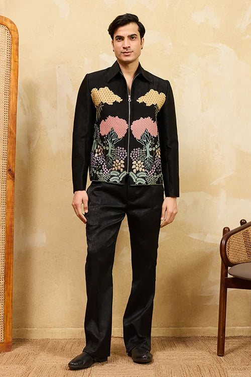 Black Velvet Wedding Bomber Suit For Mens Wear