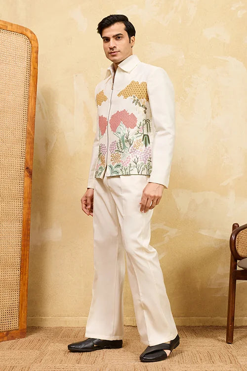 White Velvet Embroidered Bomber Jacket With Pant For Mens Wear