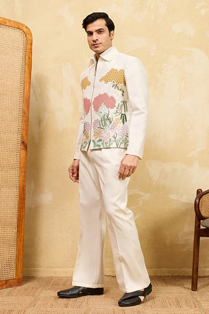 White Velvet Embroidered Bomber Jacket With Pant For Mens Wear