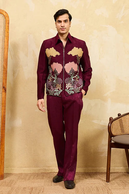 Wedding Special Maroon Velvet Bomber Jacket Set For Mens Wear