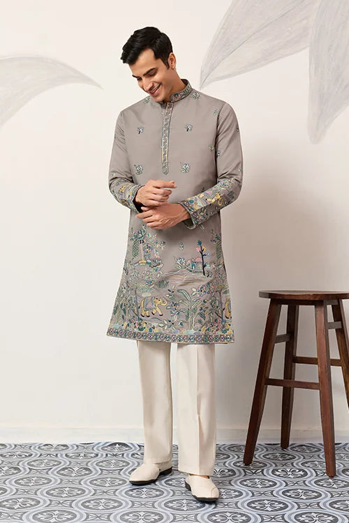 Wedding Traditional Look Grey Kurta for Mens Wear