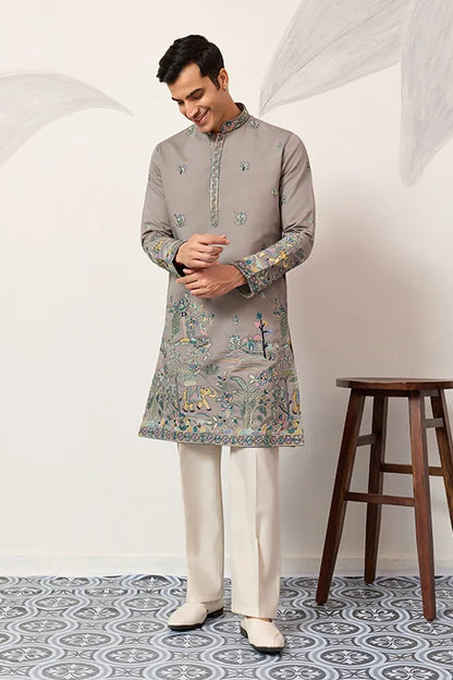 Wedding Traditional Look Grey Kurta for Mens Wear