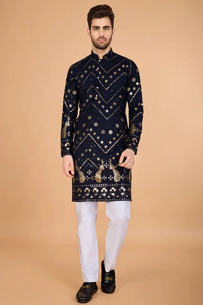 Navy Silk Embroidered Work Designer Men's Wear Kurta