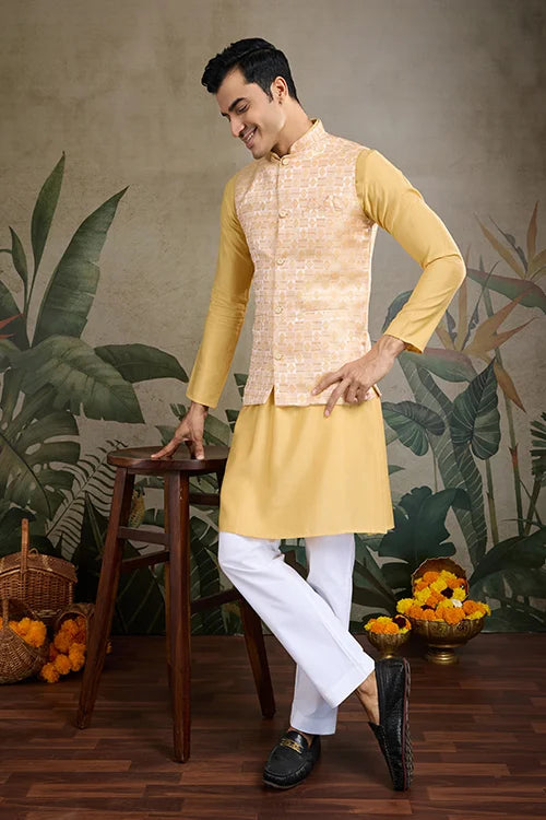 Yellow Roman Silk Kurta With Jacquard Koti Jacket