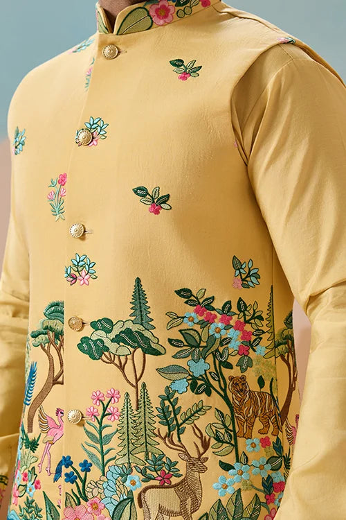 Haldi Special Yellow Classic Koti Kurta Set for Mens Wear