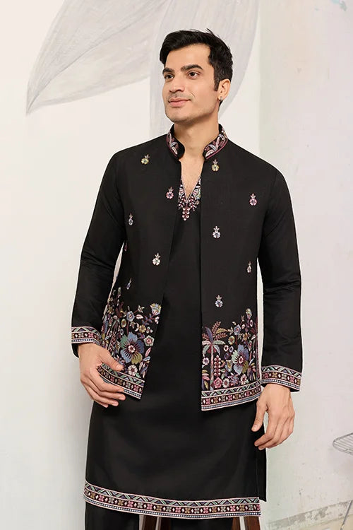 Wedding Special Black Koti Kurta With Pant For Mens Wear