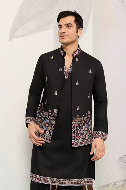 Wedding Special Black Koti Kurta With Pant For Mens Wear