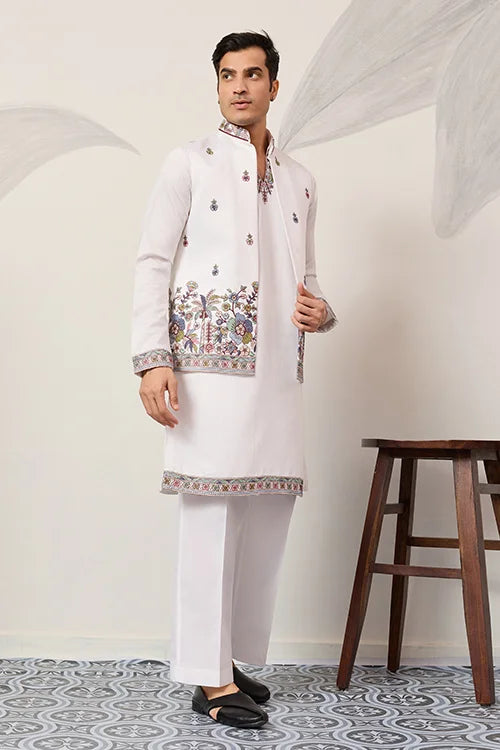 Indian Traditional White Koti Kurta Pant For Mens Wear