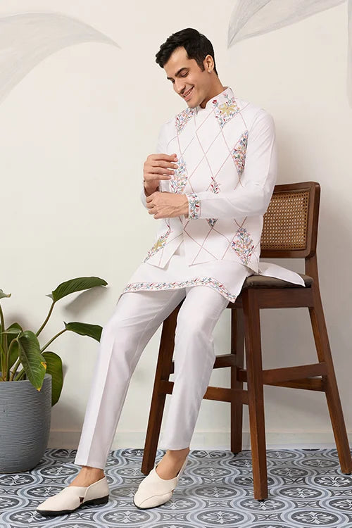 Elegant Wedding Special White Koti Kurta Pajama Set