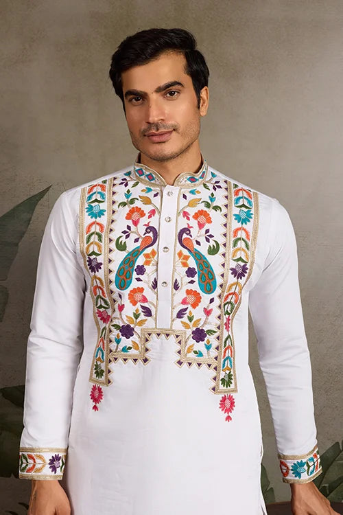 White Embroidered Mens Kurta for Special Events