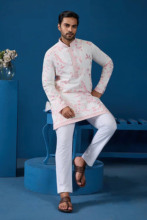 Classic White Viscose Silk Festive Kurta for Mens