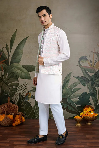 Designer White Kurta & Open Koti For Men