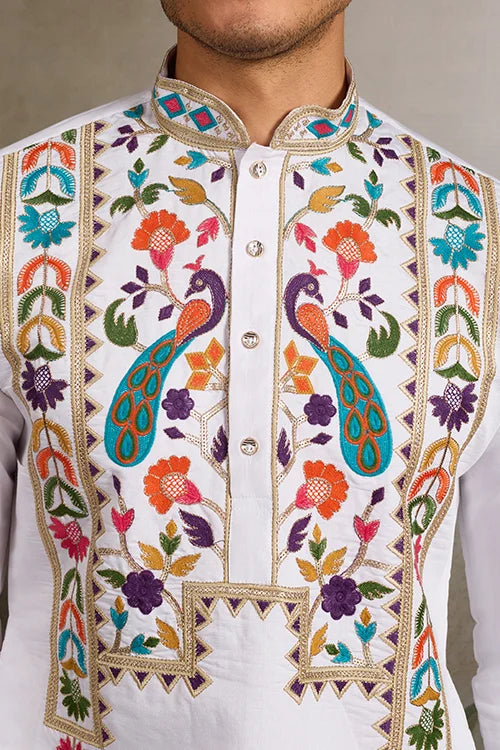 White Embroidered Mens Kurta for Special Events