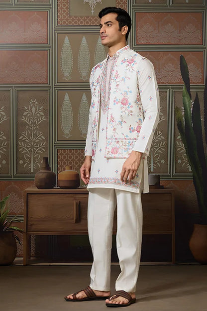 Ethnic White Embroidered Koti Kurta Set for Men
