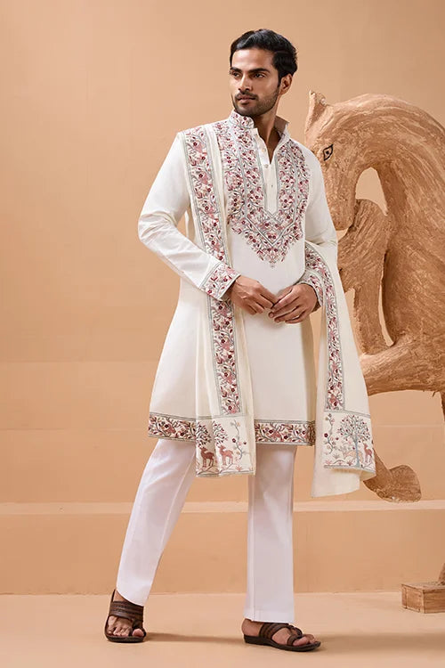 Vibrant Look White Kurta Dupatta Set for Mens Wear