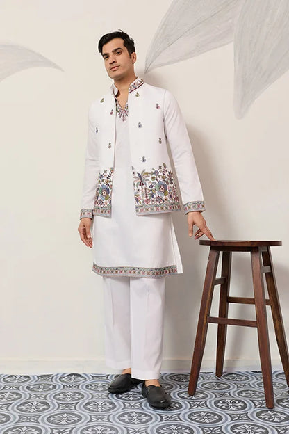 Indian Traditional White Koti Kurta Pant For Mens Wear