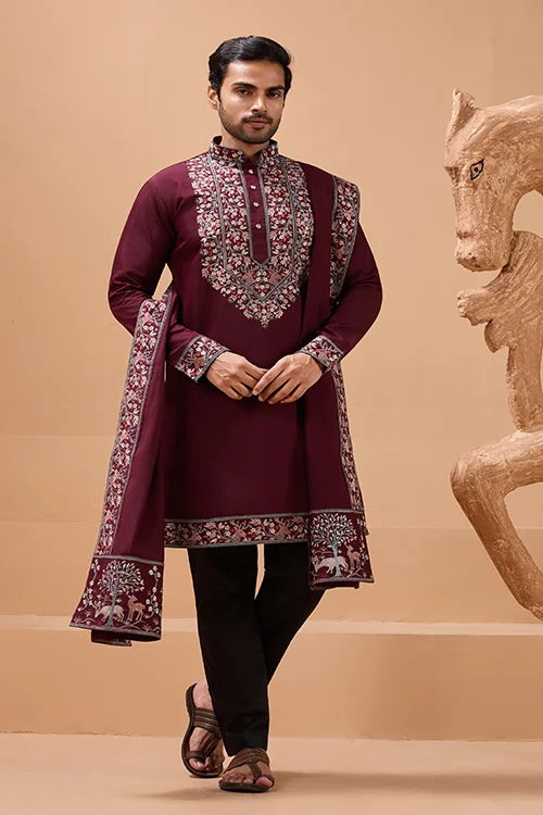 Latest Signature Maroon Kurta and Dupatta for Mens Wear