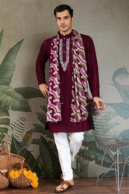 Designer Purple Men Kurta and Dupatta for Weddings