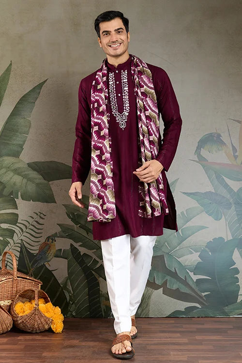Designer Purple Men Kurta and Dupatta for Weddings