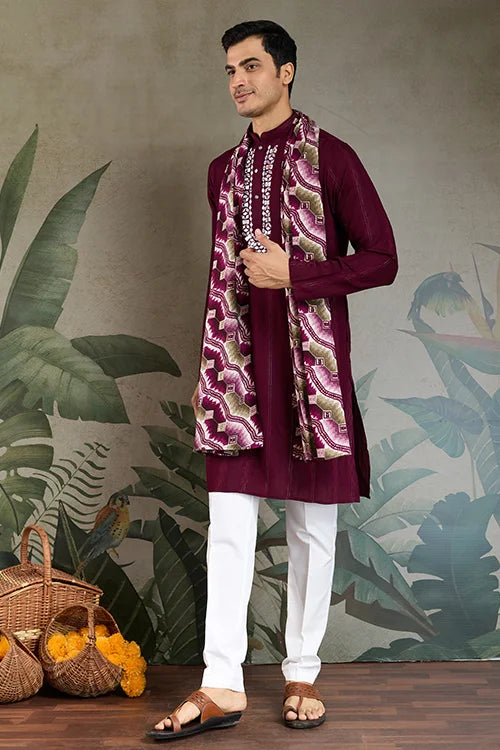 Designer Purple Men Kurta and Dupatta for Weddings