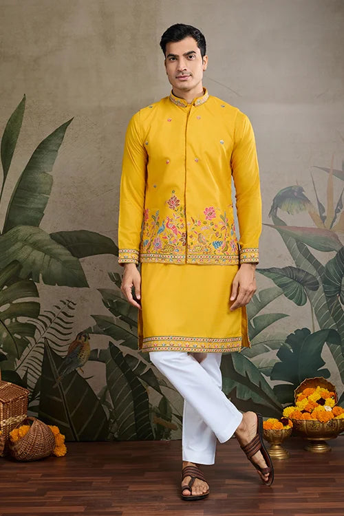 Designer Yellow Cotton Kurta With Koti Jacket Online