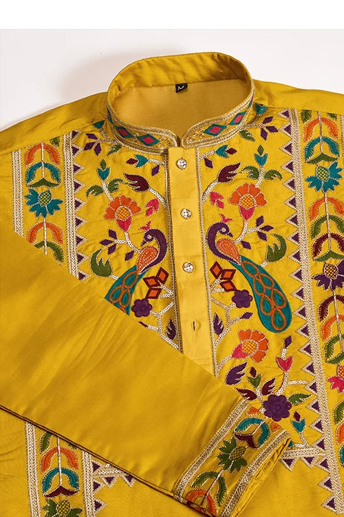 Haldi Special Yellow Embroidered Kurta for Men