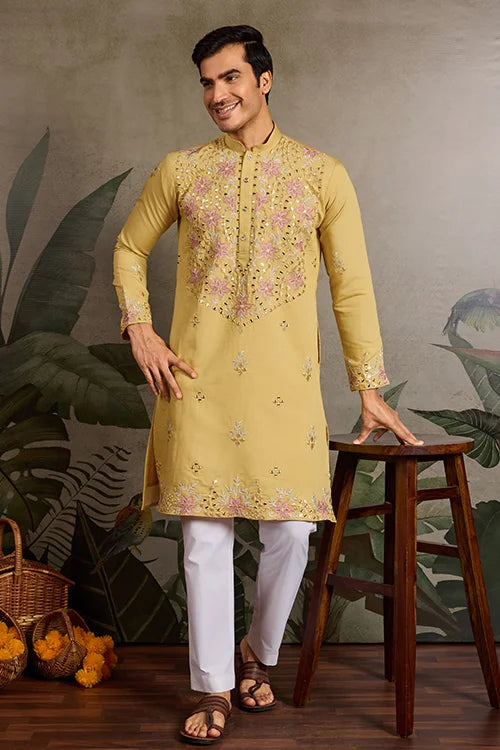 Haldi Special Outfit Mirror Work Mens Kurta Set