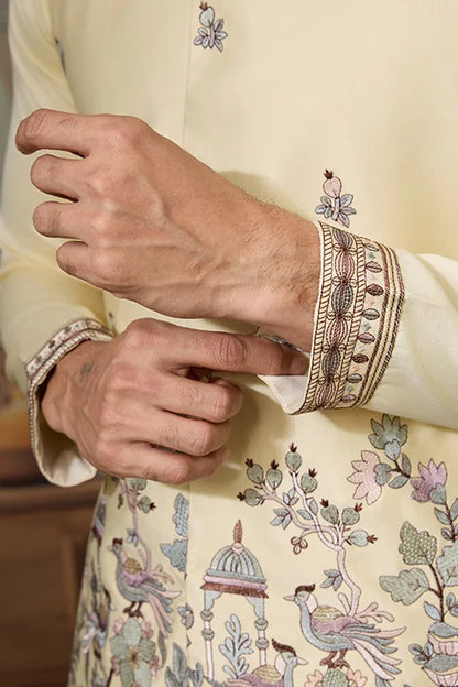 Haldi Special Light Yellow Koti Kurta Set for Mens Wear