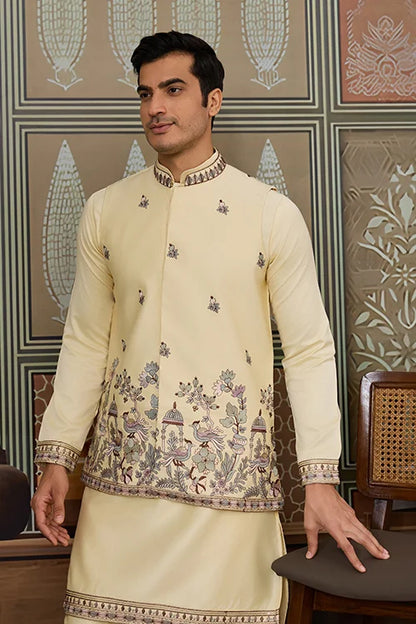 Haldi Special Light Yellow Koti Kurta Set for Mens Wear