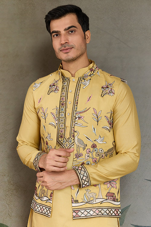 Haldi Special Yellow Kurta Pajama With Open Jacket For Men