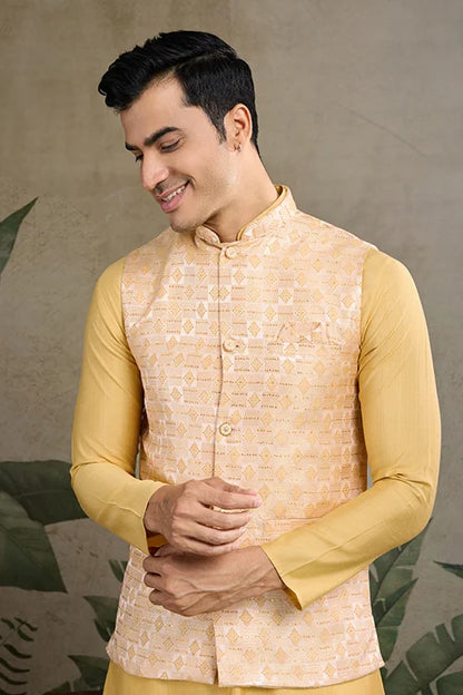 Yellow Roman Silk Kurta With Jacquard Koti Jacket
