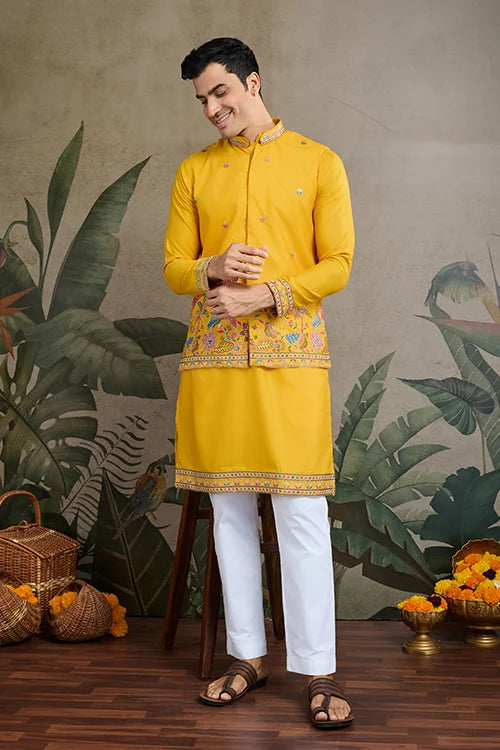 Designer Yellow Cotton Kurta With Koti Jacket Online