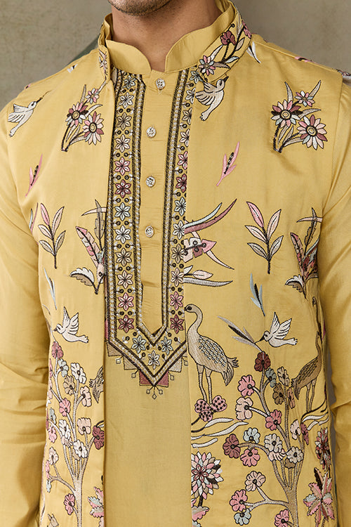 Haldi Special Yellow Kurta Pajama With Open Jacket For Men