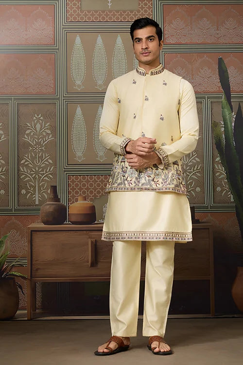 Haldi Special Light Yellow Koti Kurta Set for Mens Wear
