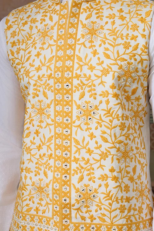 Haldi Special Yellow Koti with White Kurta for Mens