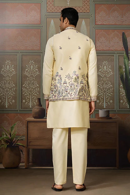Haldi Special Light Yellow Koti Kurta Set for Mens Wear