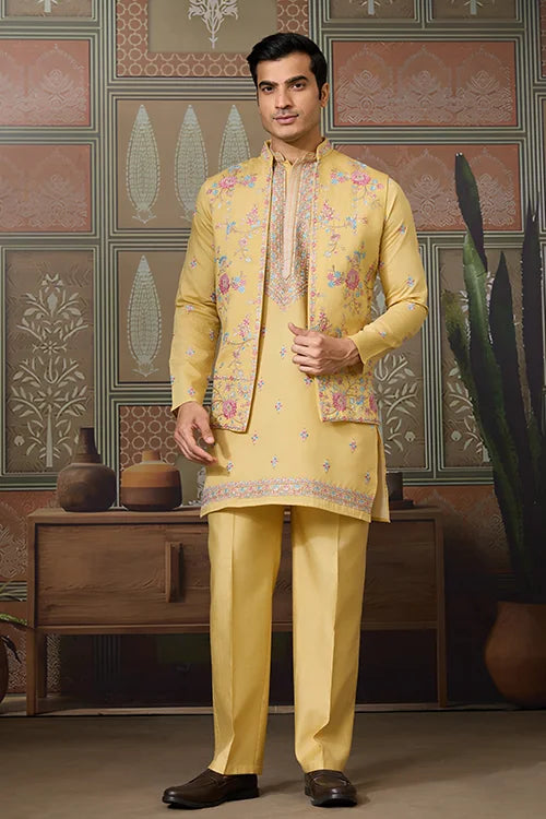 Trending Yellow Haldi Ceremony Koti Kurta for Men