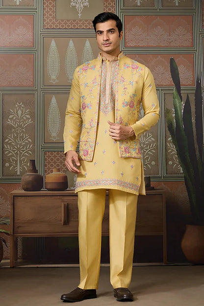 Trending Yellow Haldi Ceremony Koti Kurta for Men