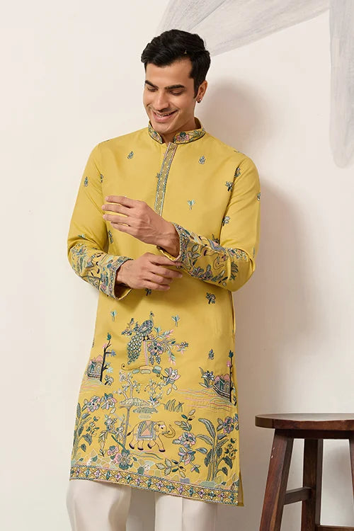 Elegant Haldi Yellow Mens Wear Kurta For Wedding Function